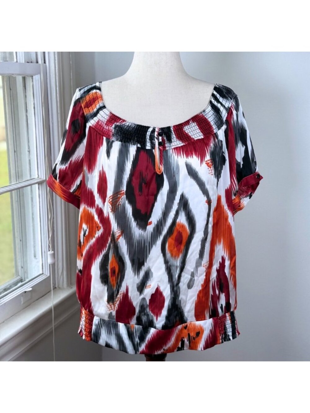 Vintage Y2K Agora Crinkle Ikat Blouse Orange Red Abstract Large Oversized Office